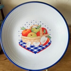 Century Stoneware Apple Basket Dinner Plate 11 Inches Picnic White Blue Red